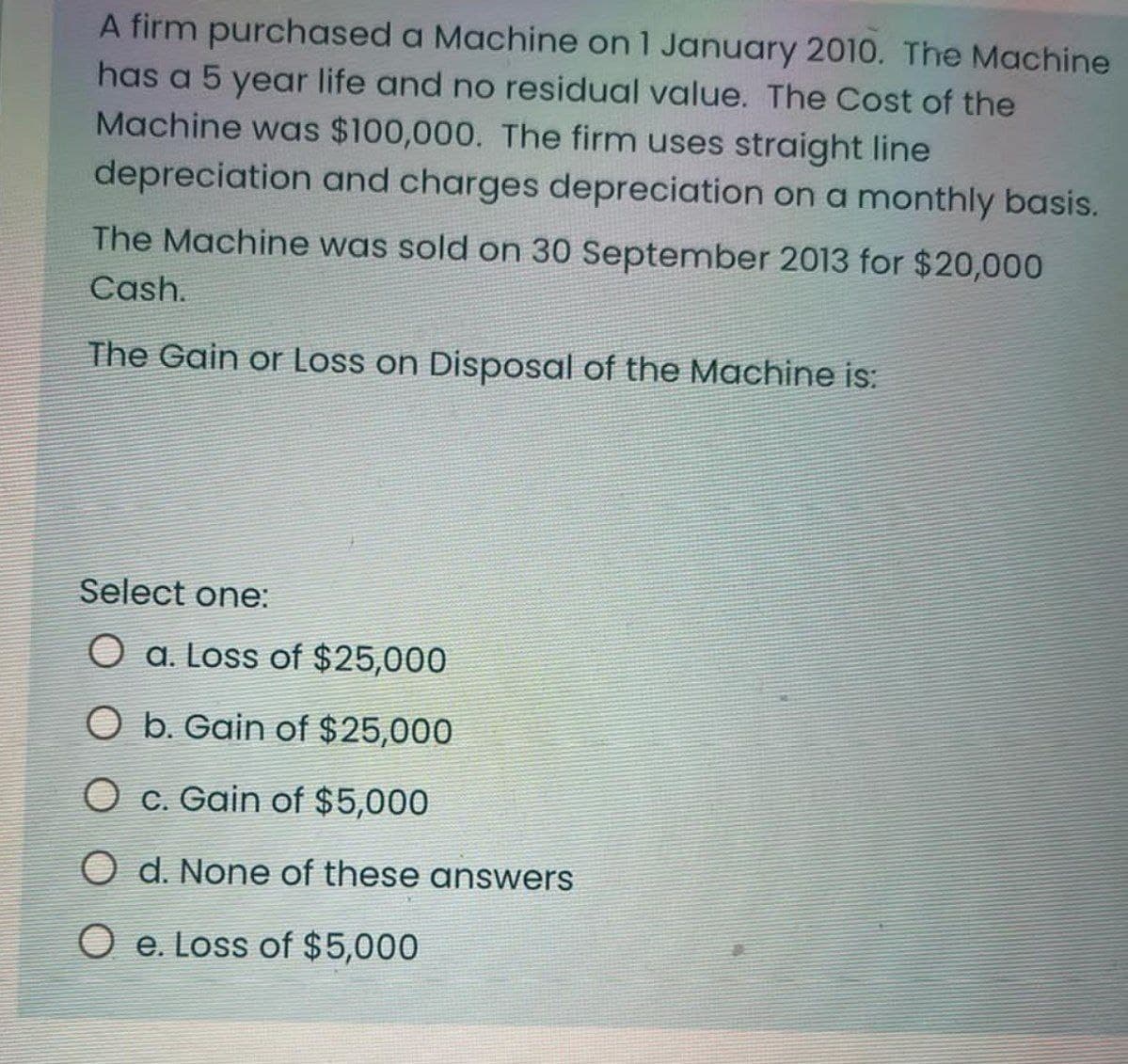 A firm purchased a Machine on 1 January 2010. The Machine
has a 5 year life and no residual value. The Cost of the
Machine was $100,000. The firm uses straight line
depreciation and charges depreciation on a monthly basis.
The Machine was sold on 30 September 2013 for $20,000
Cash.
The Gain or Loss on Disposal of the Machine is:
Select one:
O a. Loss of $25,000
O b. Gain of $25,000
O c. Gain of $5,000
O d. None of these answers
Oe. Loss of $5,000