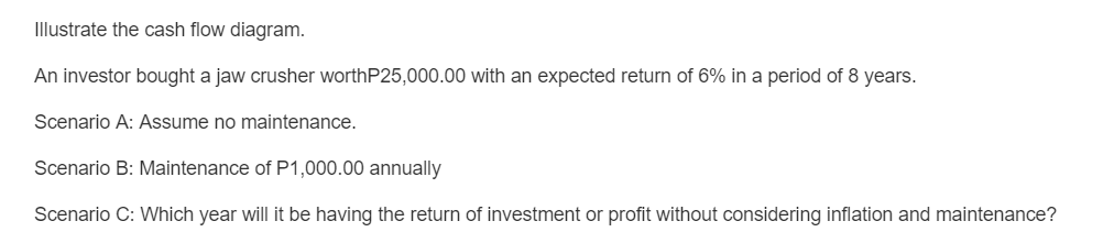 Illustrate the cash flow diagram.
An investor bought a jaw crusher worthP25,000.00 with an expected return of 6% in a period of 8 years.
Scenario A: Assume no maintenance.
Scenario B: Maintenance of P1,000.00 annually
Scenario C: Which year will it be having the return of investment or profit without considering inflation and maintenance?