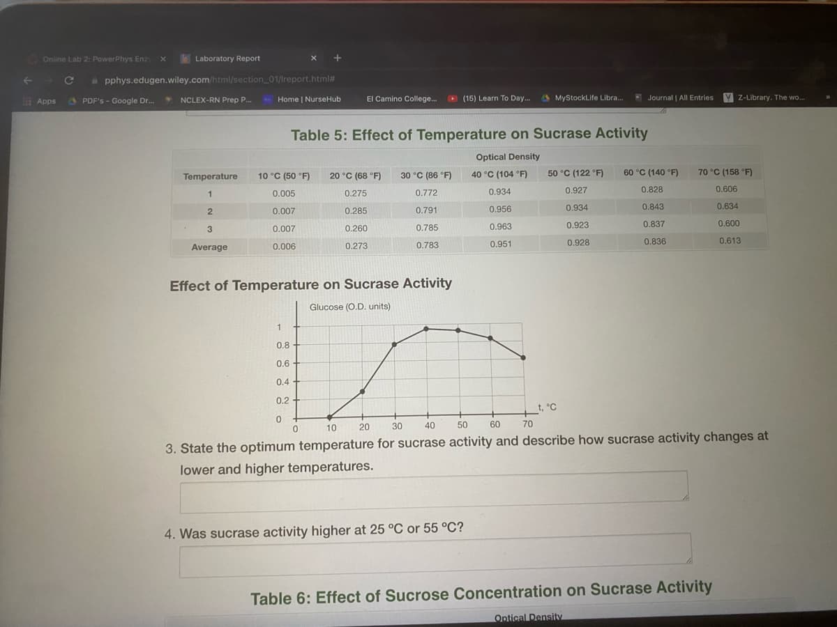 Online Lab 2: PowerPhys Enz
Laboratory Report
x +
a pphys.edugen.wiley.com/html/section_01/lreport.html#
E Apps
PDF's - Google Dr.
N Home | NurseHub
El Camino College..
O (15) Learn To Day...
A MyStockLife Libra...
Journal | All Entries
V Z-Library. The wo..
NCLEX-RN Prep P.
Table 5: Effect of Temperature on Sucrase Activity
Optical Density
Temperature
10 °C (50 °F)
20 °C (68 °F)
30 °C (86 °F)
40 °C (104 °F)
50 °C (122 °F)
60 °C (140 °F)
70 °C (158 °F)
0.005
0.772
0.934
0.927
0.828
0.606
0.275
0.007
0.285
0.791
0.956
0.934
0.843
0.634
3
0.007
0.260
0.785
0.963
0.923
0.837
0.600
0.928
0.836
0.613
Average
0.006
0.273
0.783
0.951
Effect of Temperature on Sucrase Activity
Glucose (O.D. units)
0.8
0.6 +
0.4 +
0.2-
t, °C
10
20
30
40
50
60
70
3. State the optimum temperature for sucrase activity and describe how sucrase activity changes at
lower and higher temperatures.
4. Was sucrase activity higher at 25 °C or 55 °C?
Table 6: Effect of Sucrose Concentration on Sucrase Activity
Optical Density
