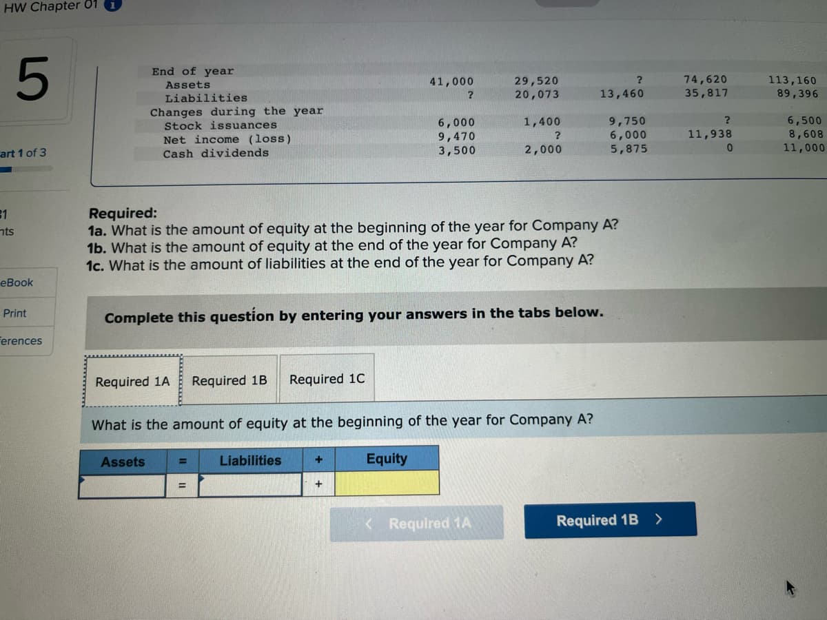 HW Chapter 01
End of year
29,520
20,073
74,620
35,817
113,160
89,396
Assets
41,000
Liabilities
13,460
Changes during the year
6,000
9,470
3,500
9,750
6,000
5,875
6,500
8,608
11,000
Stock issuances
1,400
11,938
Net income (loss)
art 1 of 3
Cash dividends
2,000
Required:
1a. What is the amount of equity at the beginning of the year for Company A?
1b. What is the amount of equity at the end of the year for Company A?
1c. What is the amount of liabilities at the end of the year for Company A?
31
nts
eBook
Print
Complete this question by entering your answers in the tabs below.
Ferences
Required 1A
Required 1B
Required 1C
What is the amount of equity at the beginning of the year for Company A?
Assets
Liabilities
Equity
+
<Required 1A
Required 1B
