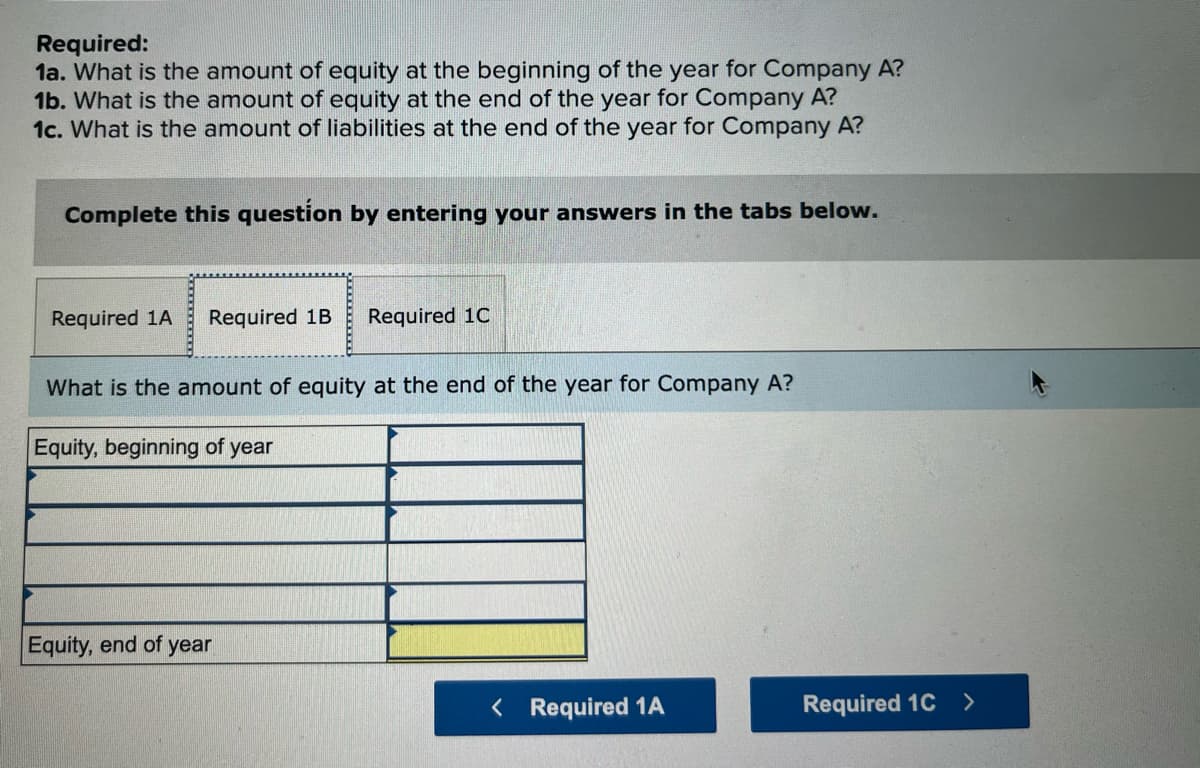 Required:
1a. What is the amount of equity at the beginning of the year for Company A?
1b. What is the amount of equity at the end of the year for Company A?
1c. What is the amount of liabilities at the end of the year for Company A?
Complete this question by entering your answers in the tabs below.
Required 1A
Required 1B
Required 1C
What is the amount of equity at the end of the year for Company A?
Equity, beginning of year
Equity, end of year
< Required 1A
Required 1C >
