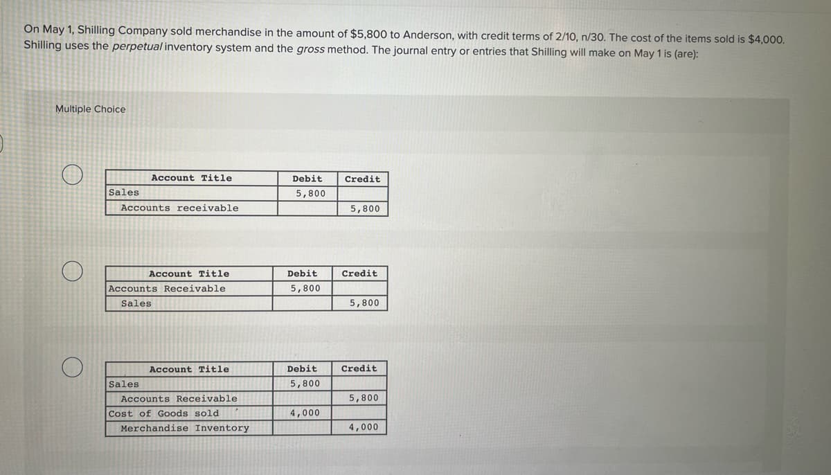 On May 1, Shilling Company sold merchandise in the amount of $5,800 to Anderson, with credit terms of 2/10, n/30. The cost of the items sold is $4,000.
Shilling uses the perpetual inventory system and the gross method. The journal entry or entries that Shilling will make on May 1 is (are):
Multiple Choice
Account Title
Debit
Credit
Sales
5,800
Accounts receivable
5,800
Account Title
Debit
Credit
Accounts Receivable
5,800
Sales
5,800
Account Title
Debit
Credit
Sales
5,800
Accounts Receivable
5,800
Cost of Goods sold
4,000
Merchandise Inventory
4,000

