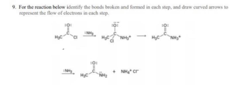 9. For the reaction below identify the bonds broken and formed in each step, and draw curved arrows to
represent the flow of electrons in each step.
:0:
NH
HN
H3C
NH3*
:0:
NH
NH2
+ NHạ cr
