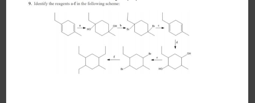 9. Identify the reagents a-f in the following scheme:
но
OH
Br
но
