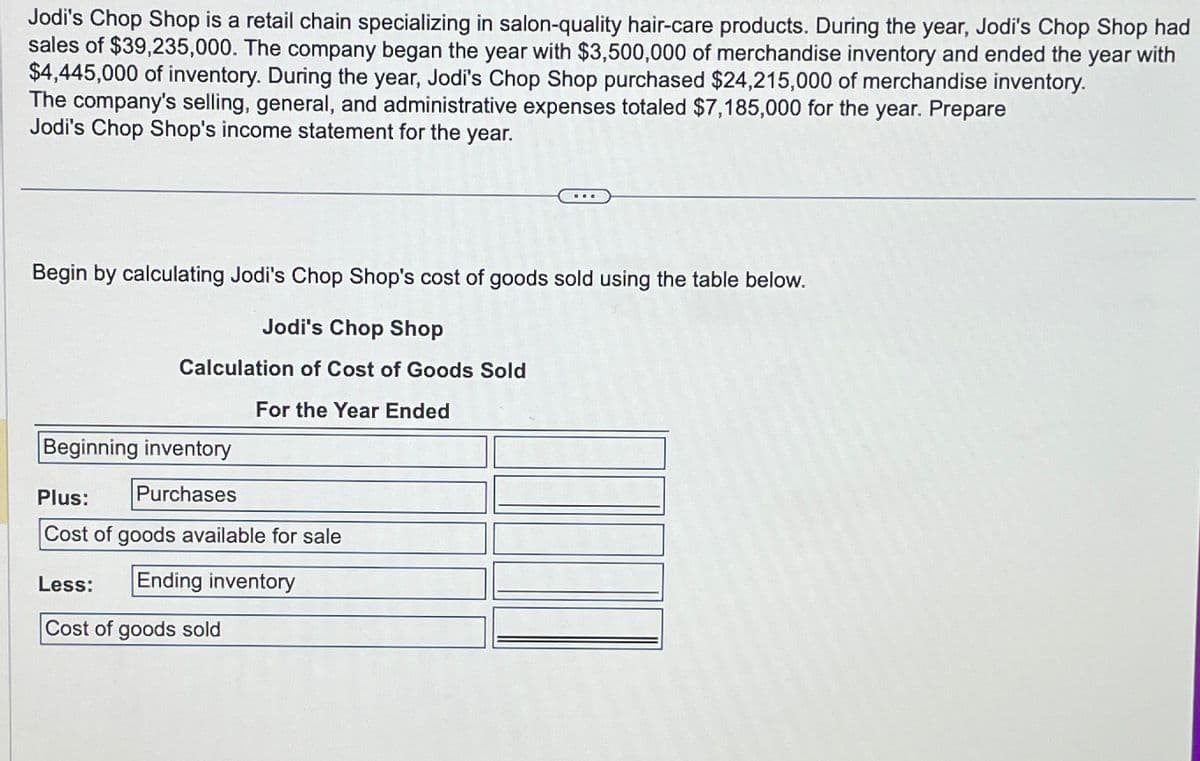 Jodi's Chop Shop is a retail chain specializing in salon-quality hair-care products. During the year, Jodi's Chop Shop had
sales of $39,235,000. The company began the year with $3,500,000 of merchandise inventory and ended the year with
$4,445,000 of inventory. During the year, Jodi's Chop Shop purchased $24,215,000 of merchandise inventory.
The company's selling, general, and administrative expenses totaled $7,185,000 for the year. Prepare
Jodi's Chop Shop's income statement for the year.
Begin by calculating Jodi's Chop Shop's cost of goods sold using the table below.
Jodi's Chop Shop
Calculation of Cost of Goods Sold
For the Year Ended
Beginning inventory
Purchases
Plus:
Cost of goods available for sale
Less: Ending inventory
Cost of goods sold
