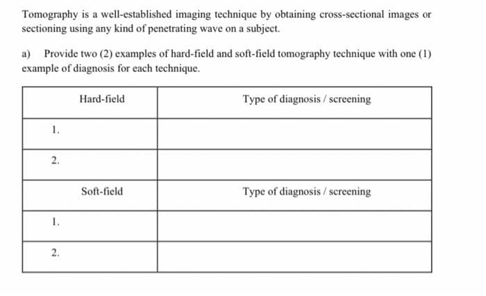 Tomography is a well-established imaging technique by obtaining cross-sectional images or
sectioning using any kind of penetrating wave on a subject.
a) Provide two (2) examples of hard-field and soft-field tomography technique with one (1)
example of diagnosis for each technique.
1.
2.
1.
2.
Hard-field
Soft-field
Type of diagnosis / screening
Type of diagnosis / screening