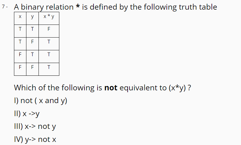 7- A binary relation * is defined by the following truth table
y
x* y
F
T
Which of the following is not equivalent to (x*y) ?
I) not ( x and y)
II) x ->y
III) x-> not y
IV) y-> not x
