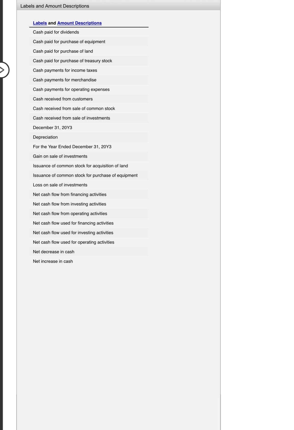 Labels and Amount Descriptions
Labels and Amount Descriptions
Cash paid for dividends
Cash paid for purchase of equipment
Cash paid for purchase of land
Cash paid for purchase of treasury stock
Cash payments for income taxes
Cash payments for merchandise
Cash payments for operating expenses
Cash received from customers
Cash received from sale of common stock
Cash received from sale of investments
December 31, 20Y3
Depreciation
For the Year Ended December 31, 20Y3
Gain on sale of investments
Issuance of common stock for acquisition of land
Issuance of common stock for purchase of equipment
Loss on sale of investments
Net cash flow from financing activities
Net cash flow from investing activities
Net cash flow from operating activities
Net cash flow used for financing activities
Net cash flow used for investing activities
Net cash flow used for operating activities
Net decrease in cash
Net increase in cash