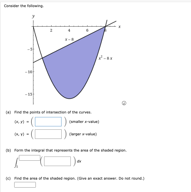 Consider the following.
4
6
X- 8
5
X -8 x
- 10
-15
(a) Find the points of intersection of the curves.
-(C
(х, у) %3D
(smaller x-value)
(х, у) %3D
(larger x-value)
(b) Form the integral that represents the area of the shaded region.
dx
(c) Find the area of the shaded region. (Give an exact answer. Do not round.)
2.
