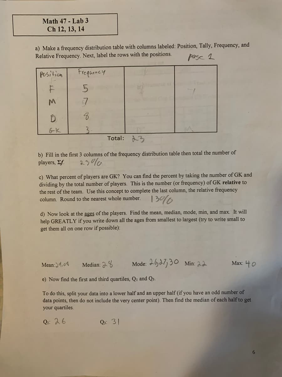 Math 47 - Lab 3
Ch 12, 13, 14
a) Make a frequency distribution table with columns labeled: Position, Tally, Frequency, and
Relative Frequency. Next, label the rows with the positions.
pase 2
Positicn
Frequency
G-K
3.
Total: 3
b) Fill in the first 3 columns of the frequency distribution table then total the number of
players, Ef.
23%6
c) What percent of players are GK? You can find the percent by taking the number of GK and
dividing by the total number of players. This is the number (or frequency) of GK relative to
the rest of the team. Use this concept to complete the last column, the relative frequency
column. Round to the nearest whole number.
|3%6
d) Now look at the ages of the players. Find the mean, median, mode, min, and max. It will
help GREATLY if you write down all the ages from smallest to largest (try to write small to
get them all on one row if possible):
Mean:4,09
Median: 28
Mode: 26,27, 30 Min: 22
Мax: 40
e) Now find the first and third quartiles, Qi and Q3.
To do this, split your data into a lower half and an upper half (if you have an odd number of
data points, then do not include the very center point). Then find the median of each half to get
your quartiles.
Qi: 26
Q3: 31
6.
