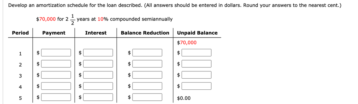 Develop an amortization schedule for the loan described. (All answers should be entered in dollars. Round your answers to the nearest cent.)
1
years at 10% compounded semiannually
2
$70,000 for 2
Period
Payment
Interest
Balance Reduction
Unpaid Balance
$70,000
1
3
$
4
$
$0.00
%24
%24
%24
%24
%24
%24
%24
%24
%24
