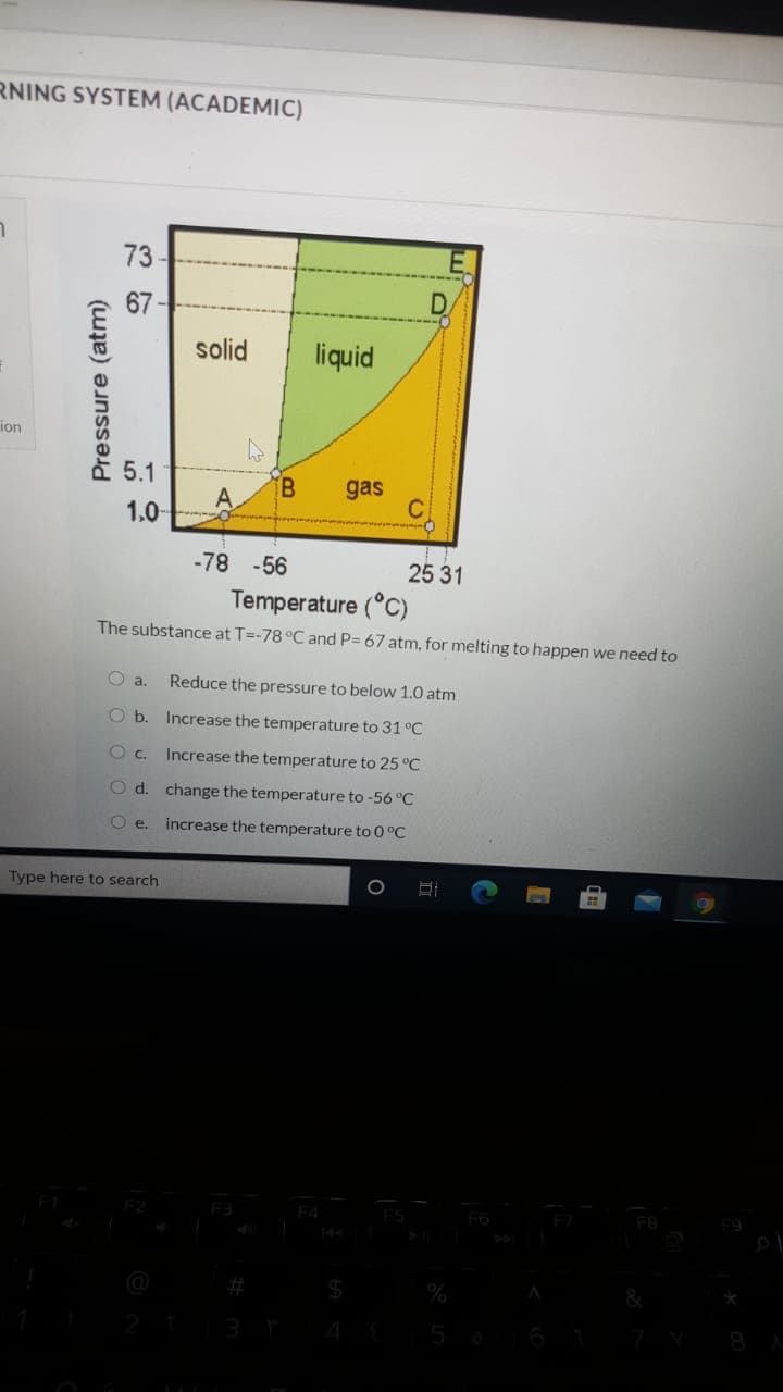 RNING SYSTEM (ACADEMIC)
73
67-
D.
solid
liquid
ion
5.1
gas
A.
1.0
-78 -56
25 31
Temperature (°C)
The substance at T=-78 °C and P= 67 atm, for melting to happen we need to
O a.
Reduce the pressure to below 1.0 atm
O b. Increase the temperature to 31 °C
Increase the temperature to 25 °C
O d. change the temperature to -56 °C
O e.
increase the temperature to 0°C
Type here to search
F3
F4
ES
F6
F8
%
4
5 ở
Pressure (atm)
