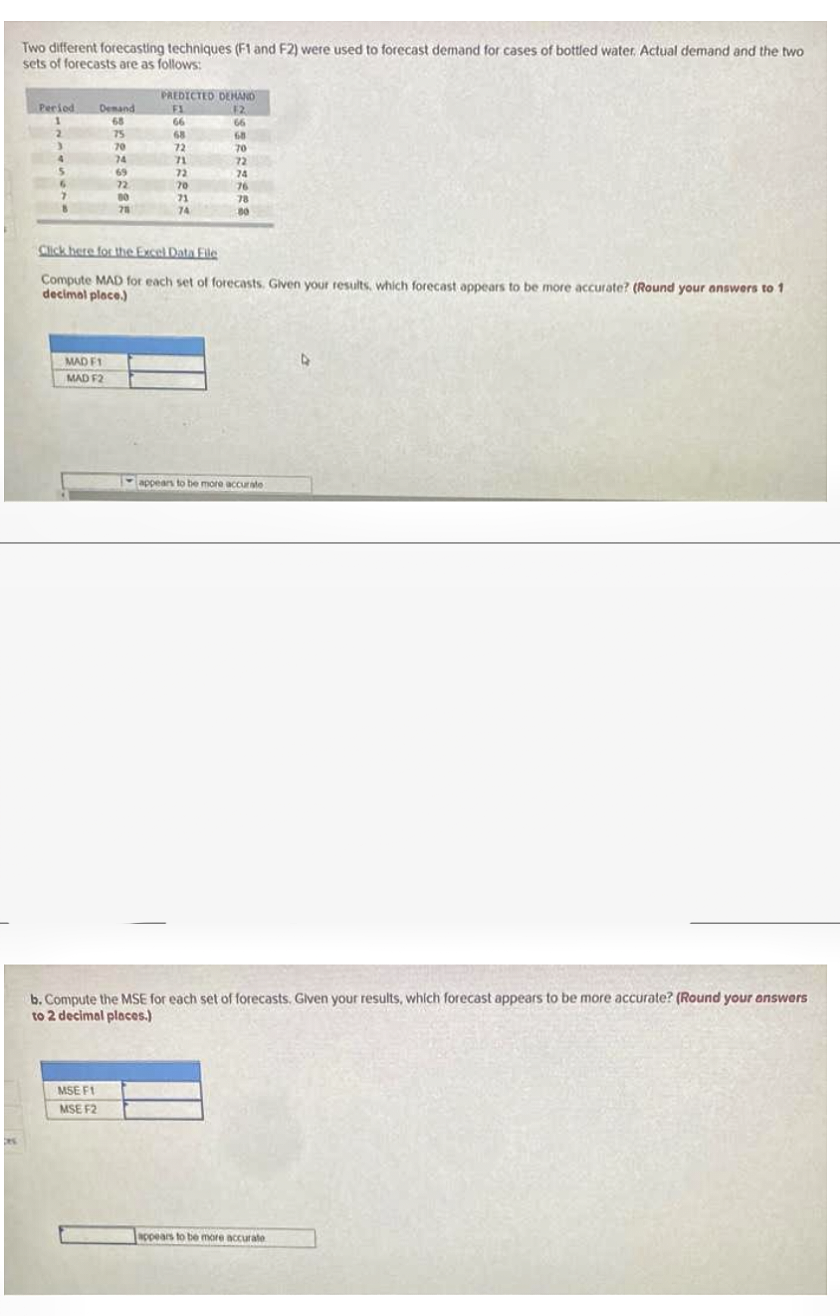 DRE
Two different forecasting techniques (F1 and F2) were used to forecast demand for cases of bottled water. Actual demand and the two
sets of forecasts are as follows:
Period
2
3
4
5
6
7
8
Demand
68
75
MAD F1
MAD F2
70
74
69
72
80
78
MSE F1
MSE F2
PREDICTED DEHAND
F2
66
68
70
72
F1
66
68
72
71
72
70
71
74
Click here for the Excel Data File
Compute MAD for each set of forecasts. Given your results, which forecast appears to be more accurate? (Round your answers to 1
decimal place.)
74
76
78
80
appears to be more accurate
b. Compute the MSE for each set of forecasts. Given your results, which forecast appears to be more accurate? (Round your answers
to 2 decimal places.)
4
appears to be more accurate