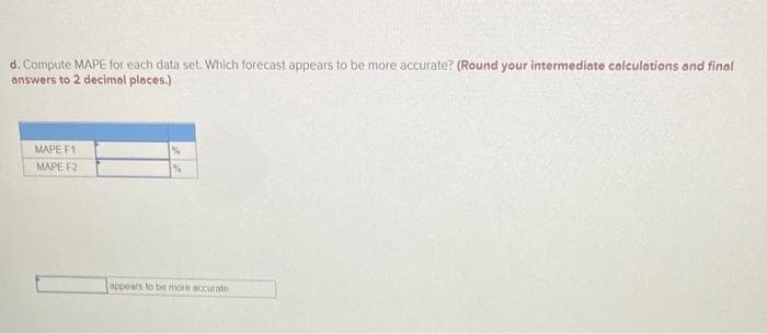 d. Compute MAPE for each data set. Which forecast appears to be more accurate? (Round your intermediate calculations and final
answers to 2 decimal places.)
MAPE F1
MAPE F2
%
%
appears to be more accurate