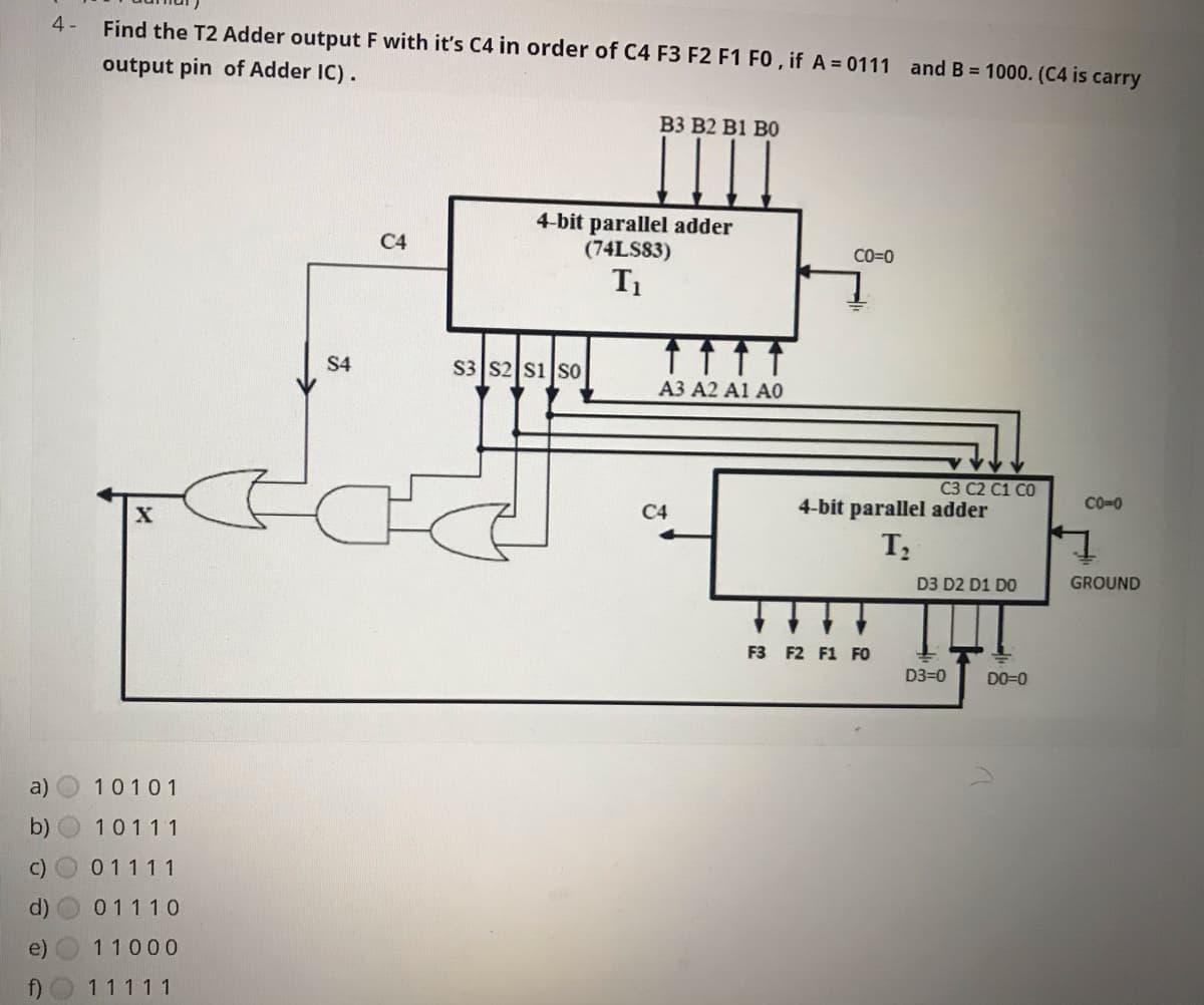 4-
Find the T2 Adder output F with it's C4 in order of C4 F3 F2 F1 FO , if A = 0111 and B = 1000. (C4 is carry
output pin of Adder IC).
B3 B2 B1 B0
4-bit parallel adder
(74LS83)
C4
CO=0
T1
S4
S3 S2 s1 so
A3 A2 A1 AO
C3 C2 C1 CO
CO=0
C4
4-bit parallel adder
D3 D2 D1 DO
GROUND
F3 F2 F1 FO
D3=0
DO=0
a)
10101
b)
10111
C)
01111
01110
e)
11000
11111
