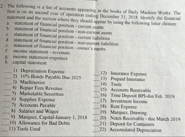 2. The following is a list of accounts appearing in the books of Daily Machine Works. The
firm is on its second year of operation ending December 31, 2018. Identify the financial
statement and the section where they should appear by using the following letter choices:
statement of financial position - current assets
b. statement of financial position - non-current assets
statement of financial position - current liabilities
d. statement of financial position - non-current liabilities
statement of financial position - owner's equity
a.
c.
c.
f.
income statement - revenues
g. income statement-expenses
h. capital statement
1) Depreciation Expense
2) 10% Bonds Payable Due 2025
3) Machineries
4) Repair Fees Revenue
5) Marketable Securities
6) Supplies Expense
7) Accounts Payable
8) Salaries and Wages
9) Marquez, Capital-January 1, 2018
10) Allowance for Bad Debts
11) Tools Used
12) Insurance Expense
13) Prepaid Insurance
14) Tools
15) Accounts Receivable
16) Time Deposit BPI-due Feb. 2019
17) Investment Income
18) Rent Expense
19) Marquez, Drawing
20) Notes Receivable - due March 2019
21) Deposit for Containers
22) Accumulated Depreciation
