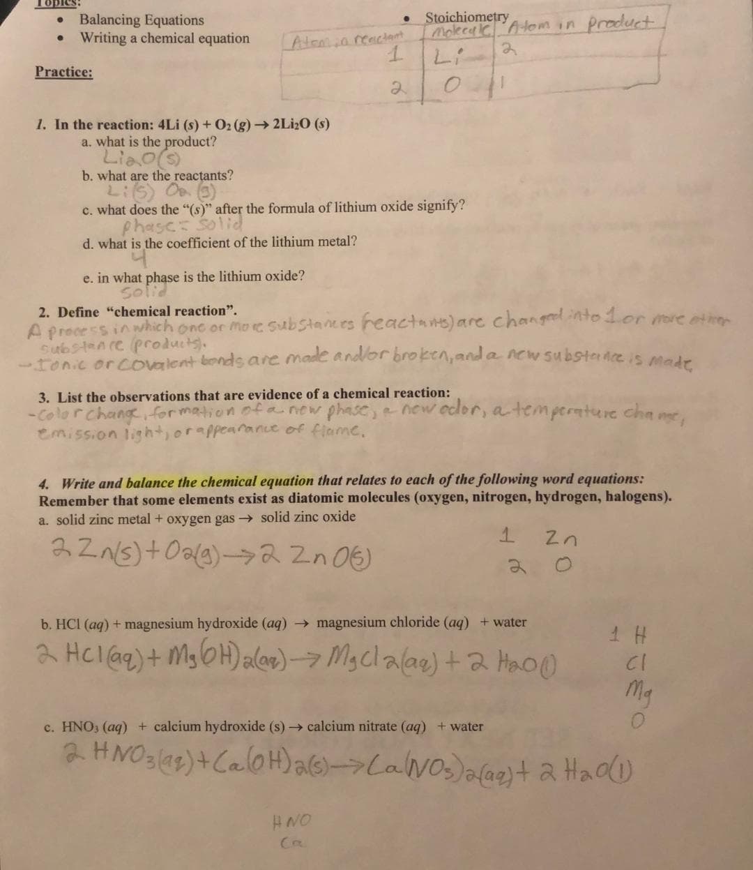 Topics:
●
Balancing Equations
Writing a chemical equation
Practice:
1. In the reaction: 4Li (s) + O2(g) → 2Li₂0 (s)
a. what is the product?
Liao (s)
b. what are the reactants?
Li(5) Oo (3)
Atom a reactant
1
●
e. in what phase is the lithium oxide?
Solia
c. what does the "(s)" after the formula of lithium oxide signify?
Phase: Solid
d. what is the coefficient of the lithium metal?
Stoichiometry
Molecule Atom in product
2
Li
2. Define "chemical reaction".
A process in which one or more substances reactants) are changed into 1 or more other
substance products).
-Ionic or covalent bonds are made and/or broken, and a new substance is made
3. List the observations that are evidence of a chemical reaction:
-Color Change, formation of a new phase, a new odor, a temperature chame,
emission light, or appearance of flame.
4. Write and balance the chemical equation that relates to each of the following word equations:
Remember that some elements exist as diatomic molecules (oxygen, nitrogen, hydrogen, halogens).
a. solid zinc metal + oxygen gas → solid zinc oxide
22n(s) + O2(g) →→2 Zn 06)
HNO
1
2
2n
b. HCl (aq) + magnesium hydroxide (aq) → magnesium chloride (aq) + water
2 HCl(aq) + Mg(OH)2(ar) → MgCl2(aq) + 2 H₂0)
1 H
CI
Mg
c. HNO3(aq) + calcium hydroxide (s) → calcium nitrate (aq) + water
2 HNO3 (12) + Ca(OH)2 (s)-> (a (NO₂)2(aq) + 2 H₂O(1)