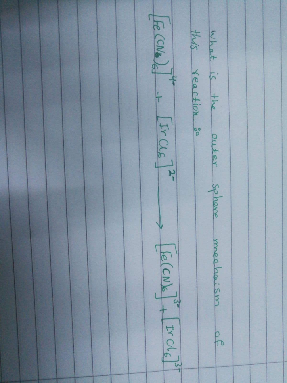 what is the
outer Sphe
meehaism
of
eve
this.
reaction go
3t
Ir cls
4-
(CN
2-
Ir Cls
fe(CN)s
土
