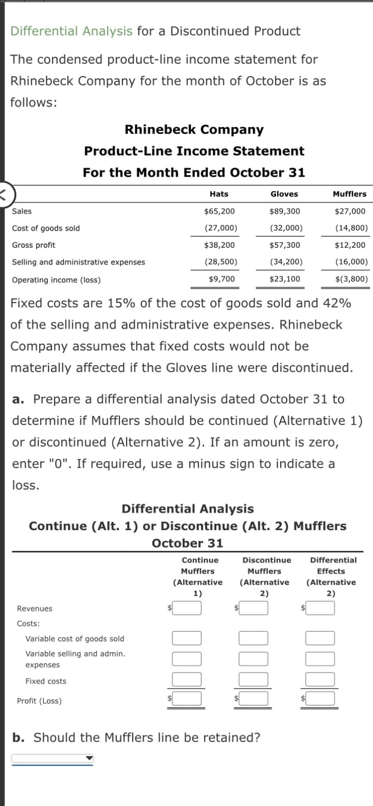 Differential Analysis for a Discontinued Product
The condensed product-line income statement for
Rhinebeck Company for the month of October is as
follows:
Sales
Cost of goods sold
Gross profit
Selling and administrative expenses
Operating income (loss)
Rhinebeck Company
Revenues.
Costs:
Product-Line Income Statement
For the Month Ended October 31
Fixed costs
Variable cost of goods sold
Variable selling and admin.
expenses
Profit (Loss)
Hats
Fixed costs are 15% of the cost of goods sold and 42%
of the selling and administrative expenses. Rhinebeck
Company assumes that fixed costs would not be
materially affected if the Gloves line were discontinued.
a. Prepare a differential analysis dated October 31 to
determine if Mufflers should be continued (Alternative 1)
or discontinued (Alternative 2). If an amount is zero,
enter "0". If required, use a minus sign to indicate a
loss.
$65,200
(27,000)
$38,200
(28,500)
$9,700
Differential Analysis
Continue (Alt. 1) or Discontinue (Alt. 2) Mufflers
October 31
Gloves
$89,300
(32,000)
$57,300
(34,200)
$23,100
Mufflers
$27,000
(14,800)
$12,200
(16,000)
$(3,800)
Continue
Discontinue
Mufflers
Mufflers
(Alternative (Alternative
1)
2)
b. Should the Mufflers line be retained?
Differential
Effects
(Alternative
2)