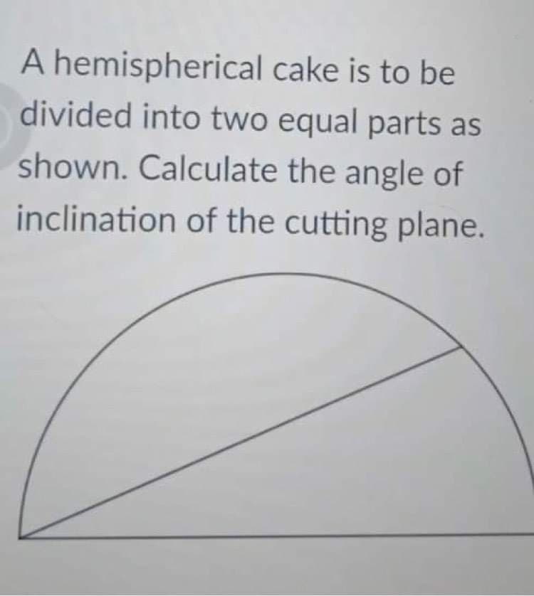 A hemispherical cake is to be
divided into two equal parts as
shown. Calculate the angle of
inclination of the cutting plane.