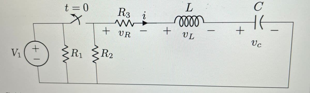 V₁
+1
t=0
R3 i
ww
+ VR
R₁ R₂
1
+
L
oooo
UL
+
с
не
Vc