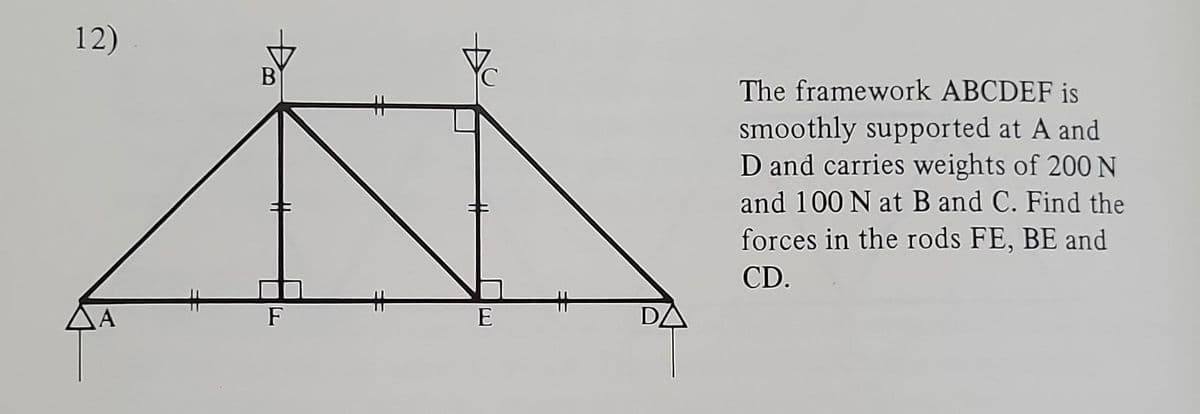 12)
B
F
E
The framework ABCDEF is
smoothly supported at A and
D and carries weights of 200 N
and 100 N at B and C. Find the
forces in the rods FE, BE and
CD.