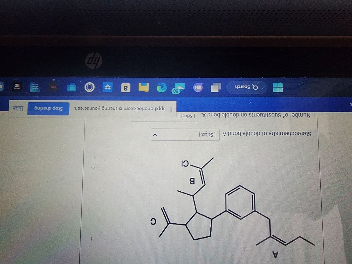 5
A
Stereochemistry of double bond A: [Select]
Q Search
Number of Substituents on double bond A: [Select]
7
B
331
CI
80
AUNTY
с
Il app.honorlock.com is sharing your screen. Stop sharing
*
Hide