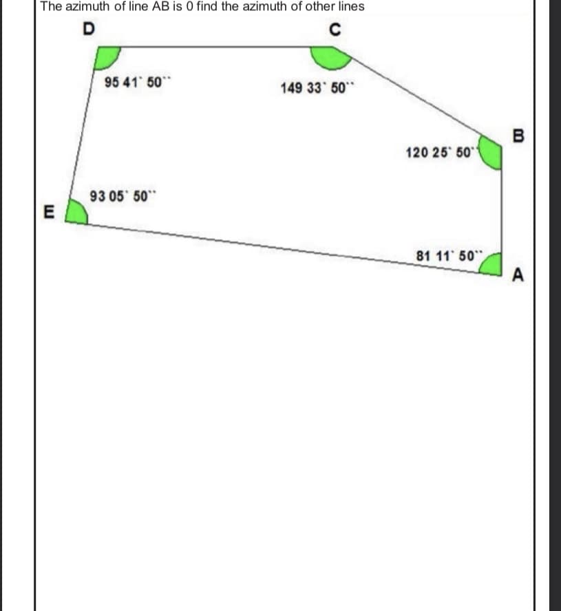 The azimuth of line AB is 0 find the azimuth of other lines
D
95 41 50*
149 33 50
120 25 50
93 05 50*
E
81 11 50"
A
