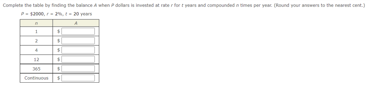 Complete the table by finding the balance A when P dollars is invested at rate r for t years and compounded n times per year. (Round your answers to the nearest cent.)
P = $2000, r = 2%, t = 20 years
in
A
1
2
4
2$
12
$
365
$
Continuous
$
