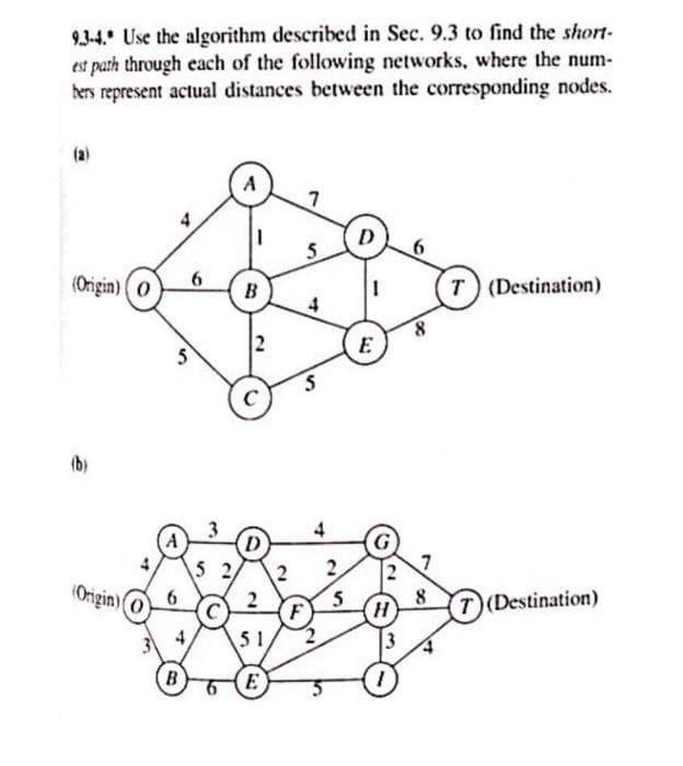 9.3-4. Use the algorithm described in Sec. 9.3 to find the short-
est path through each of the following networks, where the num-
bers represent actual distances between the corresponding nodes.
(2)
(Origin) (0
(b)
(Origin)
6
5
B
5 2
B
2
C
2
51
E
2
7
5
S
F
4
2
5
D
1
E
H
3
1
6
8
8
T) (Destination)
T(Destination)