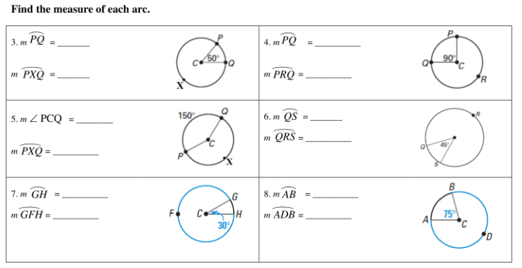 Find the measure of each arc.
3. m РО
4. m PQ =
m PXQ
m PRQ
5. m Z PCQ
150
6. m QS :
m QRŠ
m PXQ =
B
7. m GH =
G
8. т АB
m GFH =
m ADB =
75
%3D
30%
