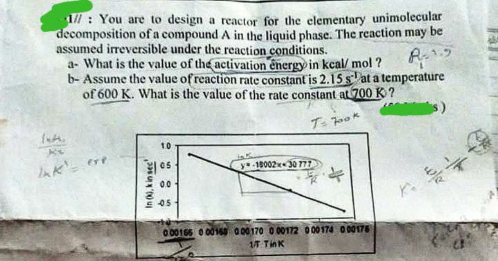 // You are to design a reactor for the elementary unimolecular
decomposition of a compound A in the liquid phase. The reaction may be
assumed irreversible under the reaction conditions.
R.¹2
a- What is the value of the activation energy in kcal/mol ?
b- Assume the value of reaction rate constant is 2.15 sat a temperature
of 600 K. What is the value of the rate constant at 700 K?
T- Took
g
In (), k in sec
1.0
05
0.0
-0.5
ya-1800230 777
&
000165 000169 000170 0.00172 000174 000176
17 Tink
P