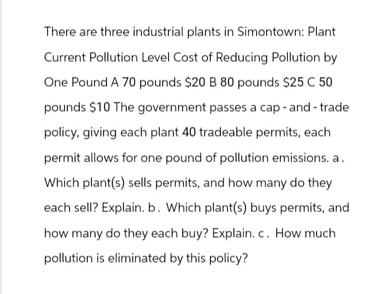 There are three industrial plants in Simontown: Plant
Current Pollution Level Cost of Reducing Pollution by
One Pound A 70 pounds $20 B 80 pounds $25 C 50
pounds $10 The government passes a cap-and-trade
policy, giving each plant 40 tradeable permits, each
permit allows for one pound of pollution emissions. a.
Which plant(s) sells permits, and how many do they
each sell? Explain. b. Which plant(s) buys permits, and
how many do they each buy? Explain. c. How much
pollution is eliminated by this policy?