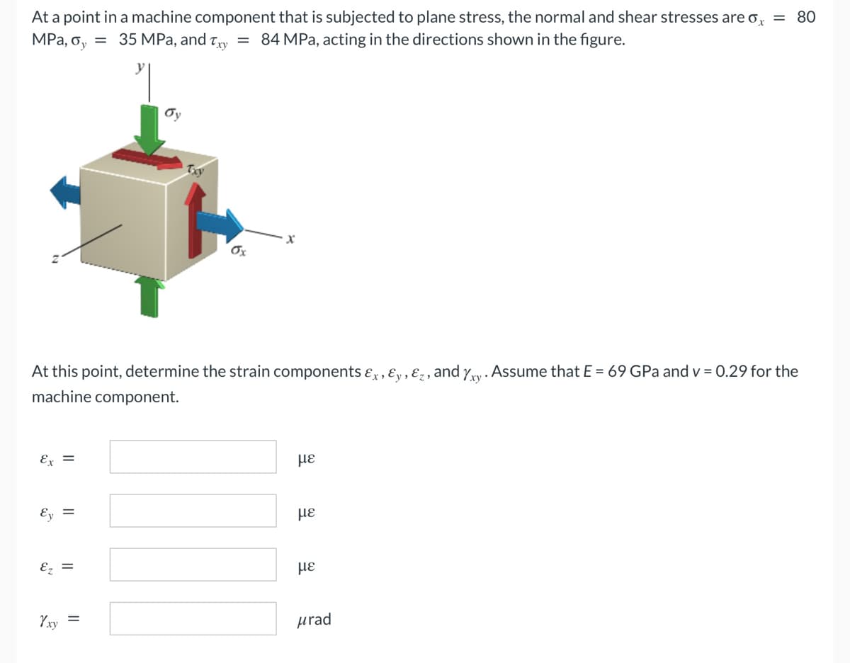 At a point in a machine component that is subjected to plane stress, the normal and shear stresses are 0 = 80
MPa, oy = 35 MPa, and Txy = 84 MPa, acting in the directions shown in the figure.
oy
Ox
At this point, determine the strain components &x, Ey, &z, and xy. Assume that E = 69 GPa and v = 0.29 for the
machine component.
Ex =
με
με
Ez =
Yxy =
Txy
με
urad