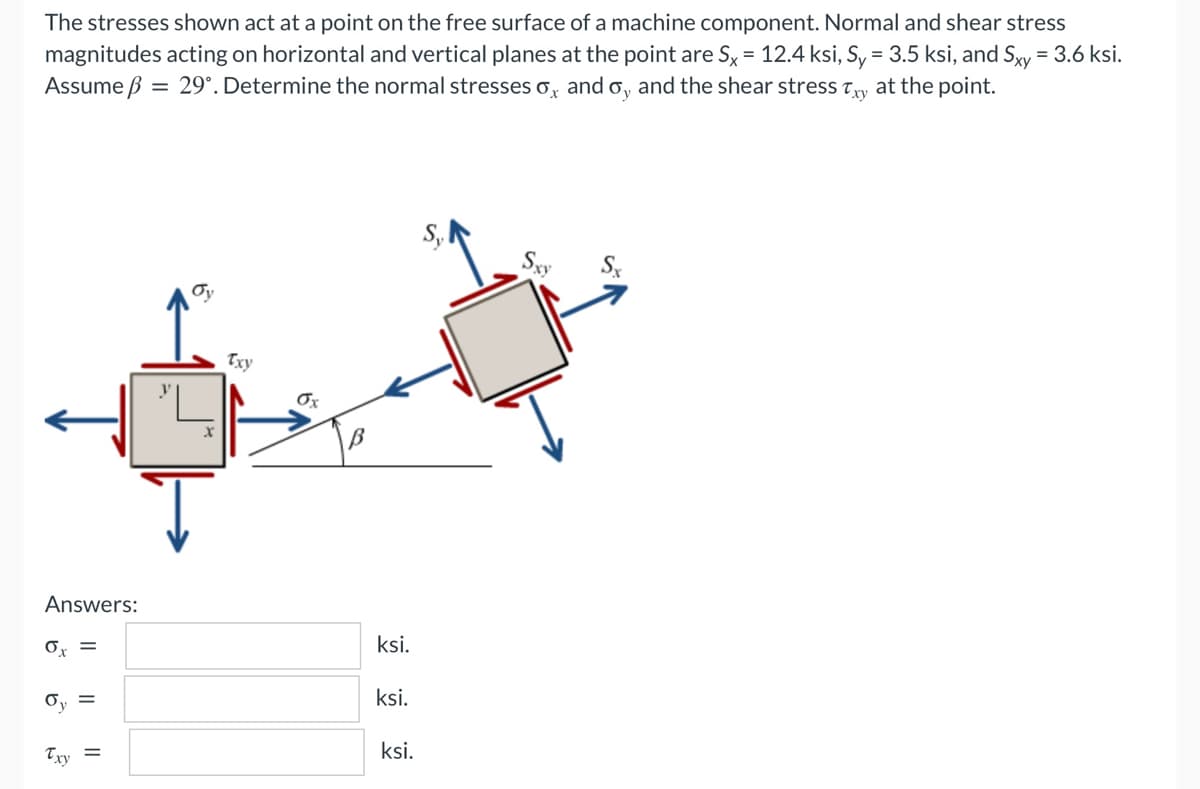 The stresses shown act at a point on the free surface of a machine component. Normal and shear stress
magnitudes acting on horizontal and vertical planes at the point are Sx = 12.4 ksi, Sy = 3.5 ksi, and Sxy = 3.6 ksi.
Assume ß = 29°. Determine the normal stresses , and oy and the shear stress Try at the point.
S₁
Txy
Answers:
0x =
Oy =
Txy
||
=
B
ksi.
ksi.
ksi.