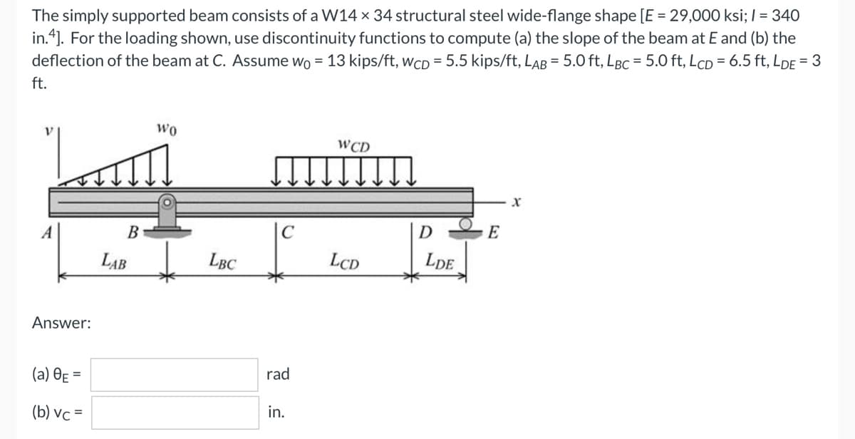 The simply supported beam consists of a W14 x 34 structural steel wide-flange shape [E = 29,000 ksi; / = 340
in.4]. For the loading shown, use discontinuity functions to compute (a) the slope of the beam at E and (b) the
deflection of the beam at C. Assume wo = 13 kips/ft, wcD = 5.5 kips/ft, LAB = 5.0 ft, LBC = 5.0 ft, LcD = 6.5 ft, LDE = 3
ft.
Wo
WCD
X
A
LCD
Answer:
(a) 0E =
(b) vc=
B
LAB
LBC
rad
in.
D
LDE
E