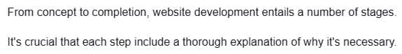 From concept to completion, website development entails a number of stages.
It's crucial that each step include a thorough explanation of why it's necessary.