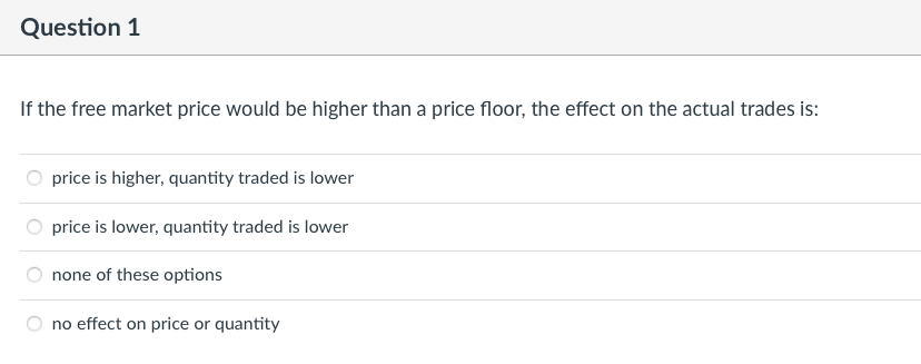 Question 1
If the free market price would be higher than a price floor, the effect on the actual trades is:
price is higher, quantity traded is lower
price is lower, quantity traded is lower
none of these options
no effect on price or quantity