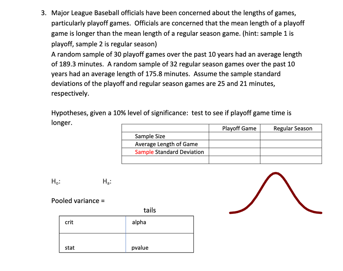 3. Major League Baseball officials have been concerned about the lengths of games,
particularly playoff games. Officials are concerned that the mean length of a playoff
game is longer than the mean length of a regular season game. (hint: sample 1 is
playoff, sample 2 is regular season)
A random sample of 30 playoff games over the past 10 years had an average length
of 189.3 minutes. A random sample of 32 regular season games over the past 10
years had an average length of 175.8 minutes. Assume the sample standard
deviations of the playoff and regular season games are 25 and 21 minutes,
respectively.
Hypotheses, given a 10% level of significance: test to see if playoff game time is
longer.
Playoff Game
Regular Season
Ho:
Pooled variance =
crit
H₂:
stat
Sample Size
Average Length of Game
Sample Standard Deviation
tails
alpha
pvalue