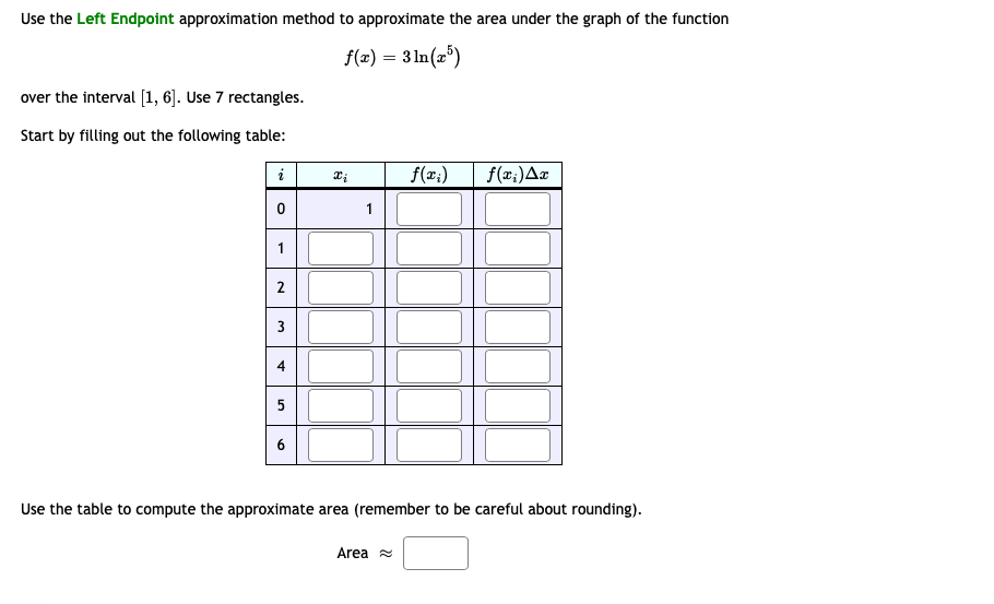 Use the Left Endpoint approximation method to approximate the area under the graph of the function
f(x) = 3 ln(2')
over the interval (1, 6). Use 7 rectangles.
Start by filling out the following table:
i
f(x;)
f(x;)Ax
1
2
3
4
Use the table to compute the approximate area (remember to be careful about rounding).
Area
