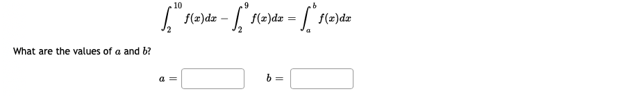 10
| f(=)de – f(=)dz = | f(2)dx
What are the values of a and b?
a =
b =
