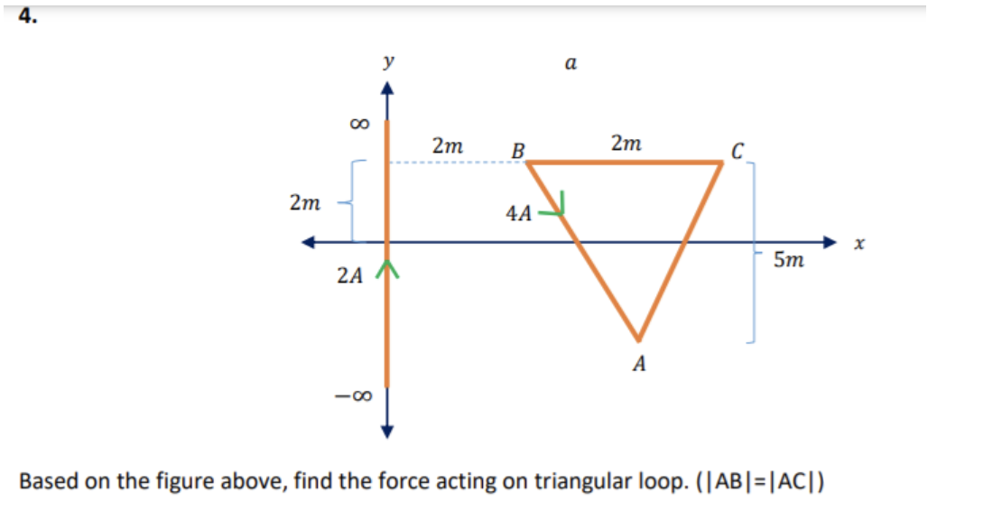 4.
y
a
2m
В
2m
C
2m
4A
5m
2A
A
-00
Based on the figure above, find the force acting on triangular loop. (|AB|=|AC|)
8 L
