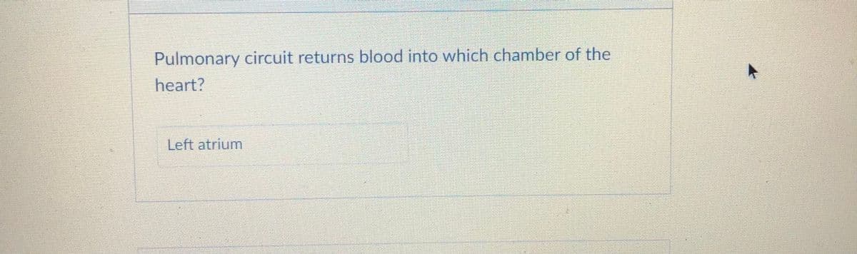 Pulmonary circuit returns blood into which chamber of the
heart?
Left atrium
