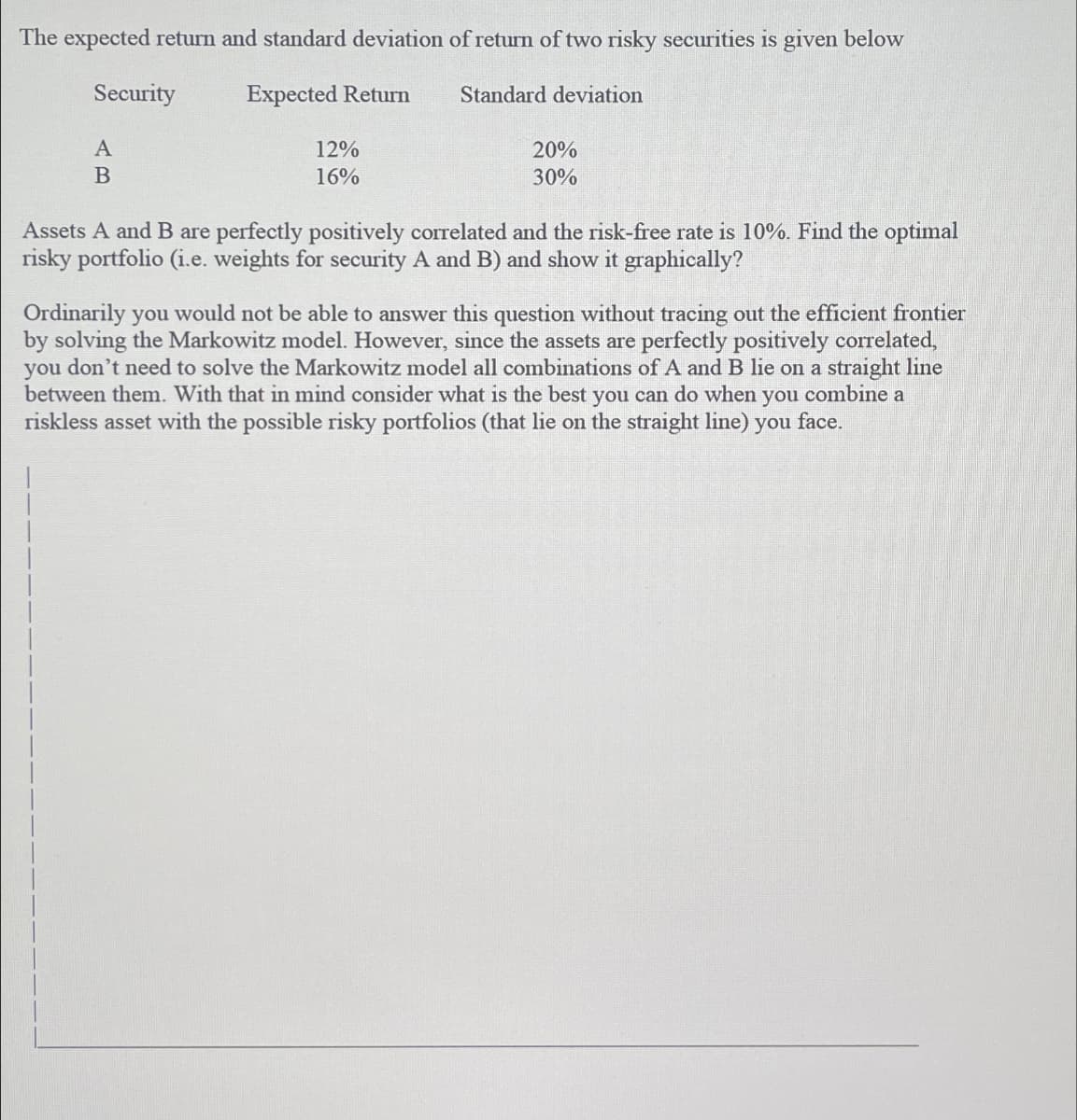 The expected return and standard deviation of return of two risky securities is given below
Expected Return
Security
A
B
12%
16%
Standard deviation
20%
30%
Assets A and B are perfectly positively correlated and the risk-free rate is 10%. Find the optimal
risky portfolio (1.e. weights for security A and B) and show it graphically?
Ordinarily you would not be able to answer this question without tracing out the efficient frontier
by solving the Markowitz model. However, since the assets are perfectly positively correlated,
you don't need to solve the Markowitz model all combinations of A and B lie on a straight line
between them. With that in mind consider what is the best you can do when you combine a
riskless asset with the possible risky portfolios (that lie on the straight line) you face.