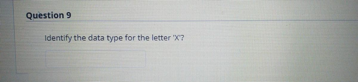 Question 9
Identify the data type for the letter 'X'?
