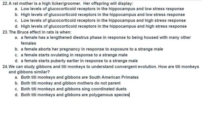 22. A rat mother is a high licker/groomer. Her offspring will display:
a. Low levels of glucocorticoid receptors in the hippocampus and low stress response
b. High levels of glucocorticoid receptors in the hippocampus and low stress response
c. Low levels of glucocorticoid receptors in the hippocampus and high stress response
d. High levels of glucocorticoid receptors in the hippocampus and high stress response
23. The Bruce effect in rats is when:
a. a female has a lengthened diestrus phase in response to being housed with many other
females
b. a female aborts her pregnancy in response to exposure to a strange male
c. a female starts ovulating in response to a strange male
d. a female starts puberty earlier in response to a strange male
24. We can study gibbons and titi monkeys to understand convergent evolution. How are titi monkeys
and gibbons similar?
a. Both titi monkeys and gibbons are South American Primates
b. Both titi monkey and gibbon mothers do not parent
c. Both titi monkeys and gibbons sing coordinated duets
d. Both titi monkeys and gibbons are polygamous species