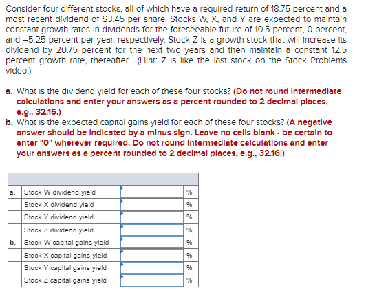 Consider four different stocks, all of which have a required return of 18.75 percent and a
most recent dividend of $3.45 per share. Stocks W, X, and Y are expected to maintain
constant growth rates in dividends for the foreseeable future of 10.5 percent, O percent,
and -5.25 percent per year, respectively. Stock Z is a growth stock that will increase its
dividend by 20.75 percent for the next two years and then maintain a constant 12.5
percent growth rate, thereafter. (Hint: Z is like the last stock on the Stock Problems
video.)
a. What is the dividend yield for each of these four stocks? (Do not round Intermedlate
calculations and enter your answers as a percent rounded to 2 decimal places,
e.g., 32.16.)
b. What is the expected capital gains yield for each of these four stocks? (A negative
answer should be indicated by a minus sign. Leave no cells blank - be certain to
enter "O" wherever required. Do not round Intermediate calculations and enter
your answers as a percent rounded to 2 decimal places, e.g., 32.16.)
a.
Stock W dividend yield
Stock X dividend yield
Stock Y dividend yield
Stock Z dividend yield
b.
96
96
96
Stock W capital gains yield
Stock X capital gains yield
Stock Y capital gains yield
Stock Z capital gains yield
%
96
96
96
96