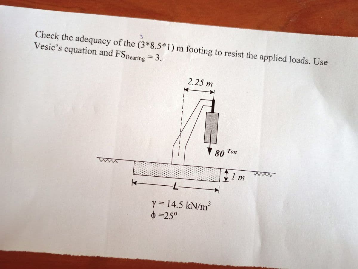 Check the adequacy of the (3*8.5*1) m footing to resist the applied loads. Use
Vesic's equation and FSBearing= 3.
2.25 m
Тon
V 80
1 m
-
Y = 14.5 kN/m
$ =25°
