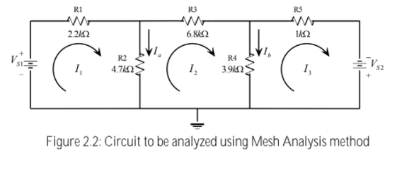 RI
R3
RS
2.2KΩ
6.82
R2
R4
I,
4.7k2
I,
3.9k2
Figure 2.2: Circuit to be analyzed using Mesh Analysis method
