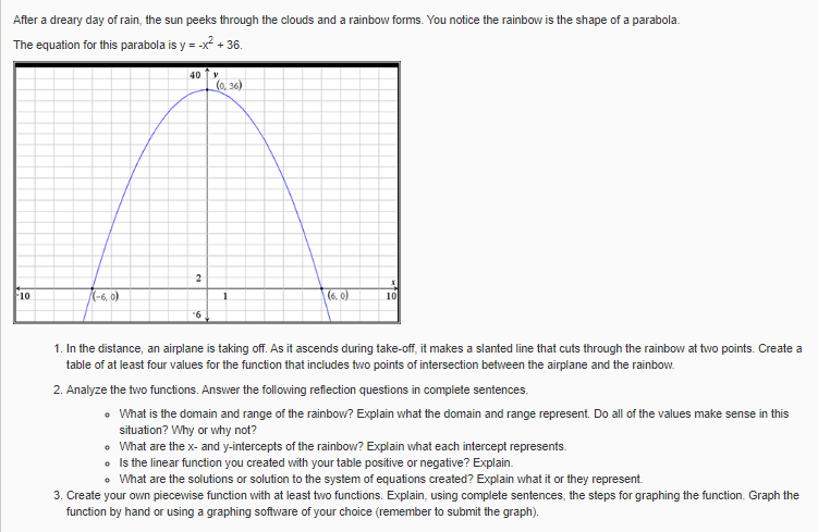 After a dreary day of rain, the sun peeks through the clouds and a rainbow forms. You notice the rainbow is the shape of a parabola.
The equation for this parabola is y = -x + 36.
40
(o, 36)
2
10
(-6, 0)
(6, 0)
10
"6
1. In the distance, an airplane is taking off. As it ascends during take-off, it makes a slanted line that cuts through the rainbow at two points. Create a
table of at least four values for the function that includes two points of intersection between the airplane and the rainbow.
2. Analyze the two functions. Answer the folloving reflection questions in complete sentences.
• What is the domain and range of the rainbow? Explain what the domain and range represent. Do all of the values make sense in this
situation? Why or why not?
• What are the x- and y-intercepts of the rainbow? Explain what each intercept represents.
• Is the linear function you created with your table positive or negative? Explain.
• What are the solutions or solution to the system of equations created? Explain what it or they represent.
3. Create your own piecewise function with at least two functions. Explain, using complete sentences, the steps for graphing the function. Graph the
function by hand or using a graphing software of your choice (remember to submit the graph).
